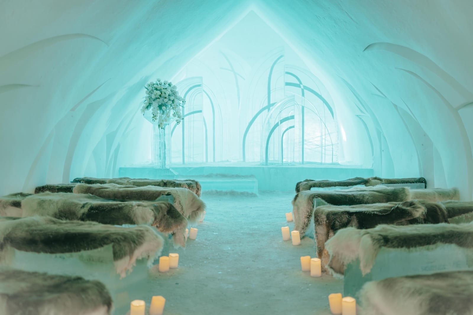 Ice Chapel Wedding Decoration. Arctic SnowHotel & Glass Igloos